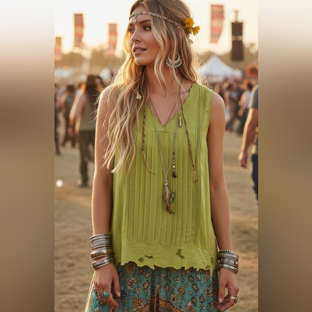 Lime Green Sleeveless Floral Applique Trim Top